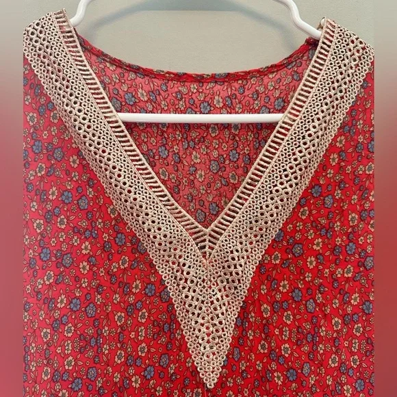 Vintage 70s Red Floral Midi Dress with Lace Trim S/M - Picture 3 of 5